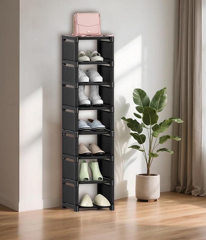Narrow Shoe Rack 8 Tier, Slim Vertical Shoe Organizer for Small Spaces, Stackable Shoe Storage Shelf with Metal Frame & Fabri