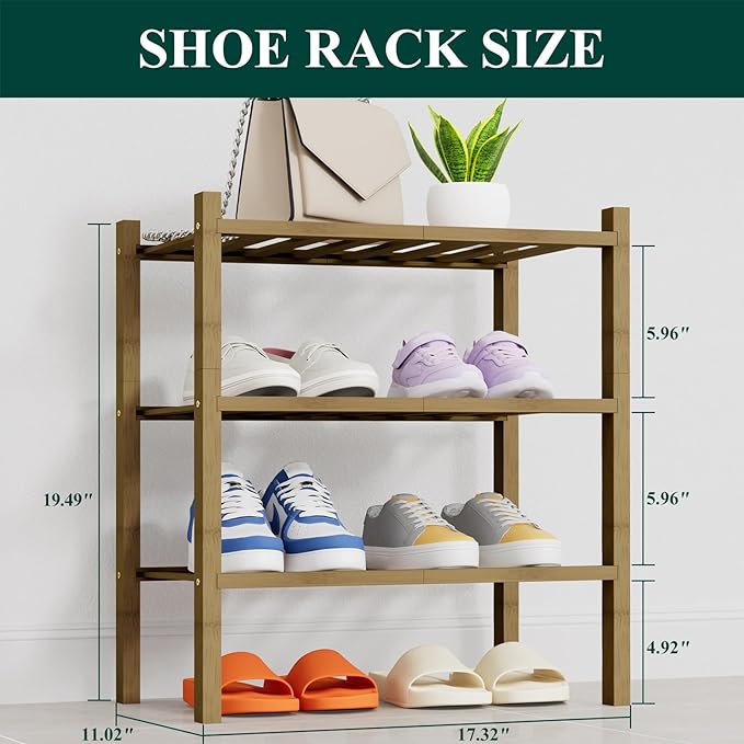 Smiry Shoe Rack, 3 Tier Thick Small Bamboo Shoe Organizer, Stackable Free Standing Wooden Shoe Storage Shelf for Closet, Entr