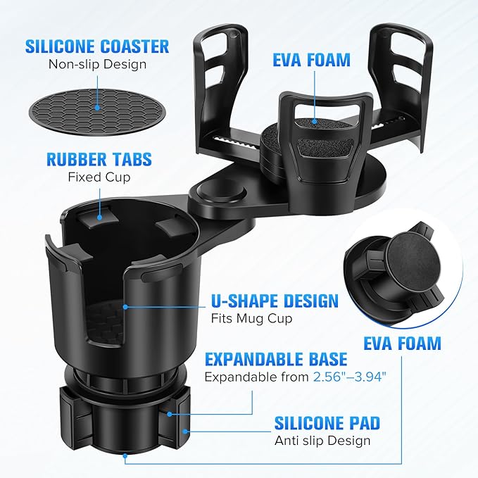 Car Cup Holder Expander, Universal 2 in 1 Large Cupholder Expander Adapter for Car with Adjustable Base, Fits Large Bottles, 