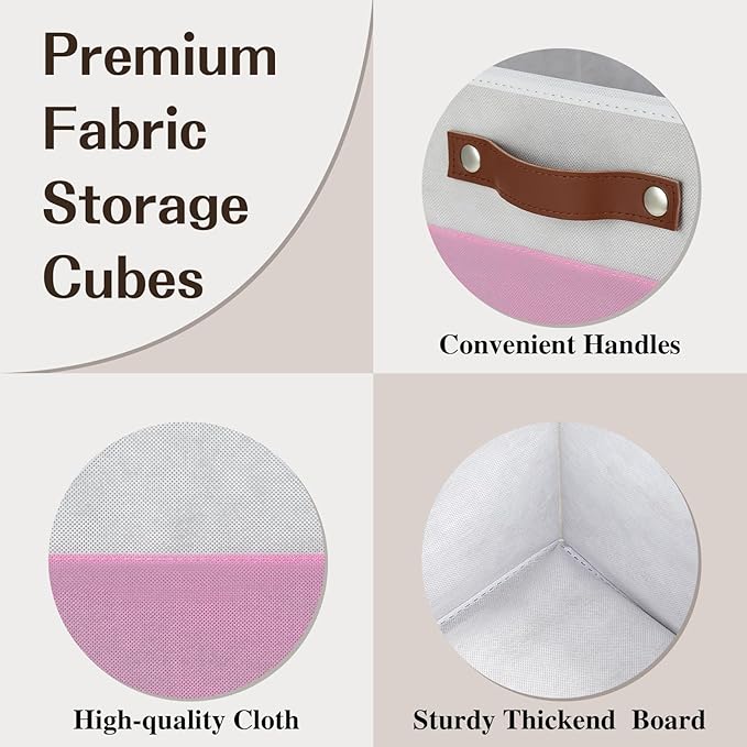 Temary Foldable Cube Baskets 4Pack - Clothes Shelf Storage with Handles, Fabric Storage Organizer Bins (White&Pink, 13x15x13 