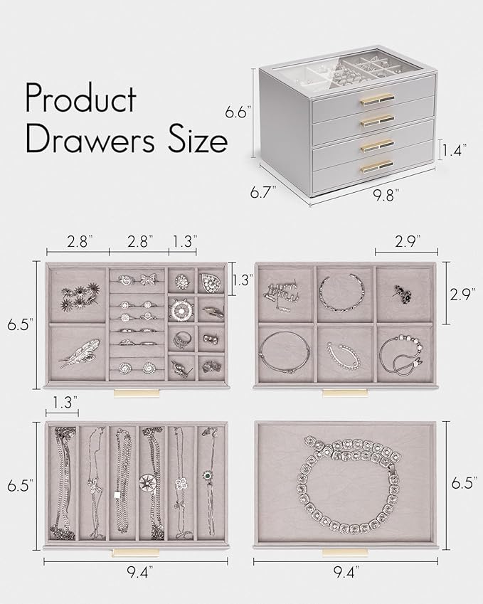 Vlando 4 Layer Jewelry Box for Women, Glass Lid Jewelry Organizer with 4 Drawers for Necklaces Rings Earrings Bracelets - Gre