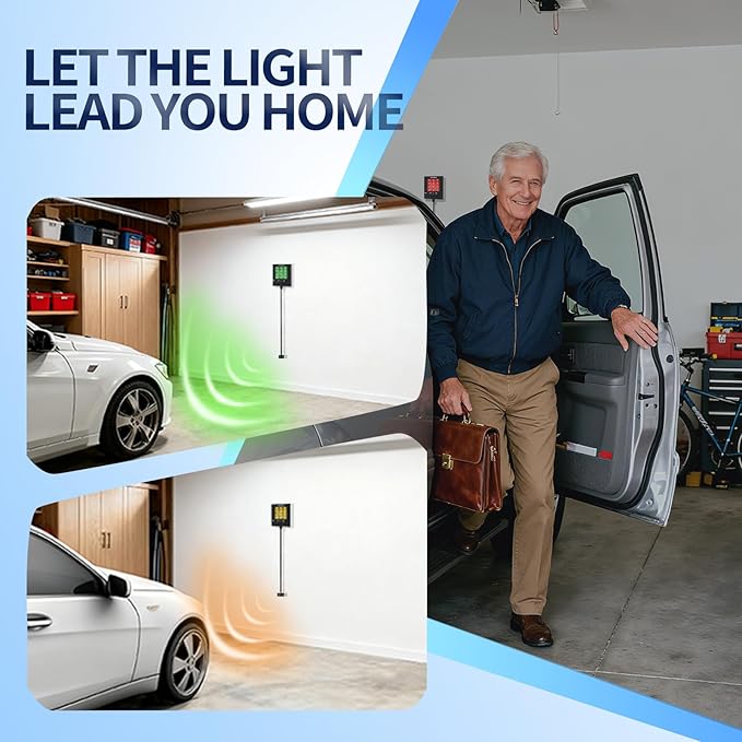 Adjustable Garage Parking Sensor with Tri-Color LED Distance Indicator, Ultrasonic Detection & Auto/Manual Modes for Safe Ind