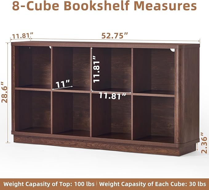 Joaxswe 8 Cube Bookcase, 52" Long Horizontal Book Shelf w/Curved Edge, Floor Standing 2-Tier Cubby TV Stand Bookshelf with Wo