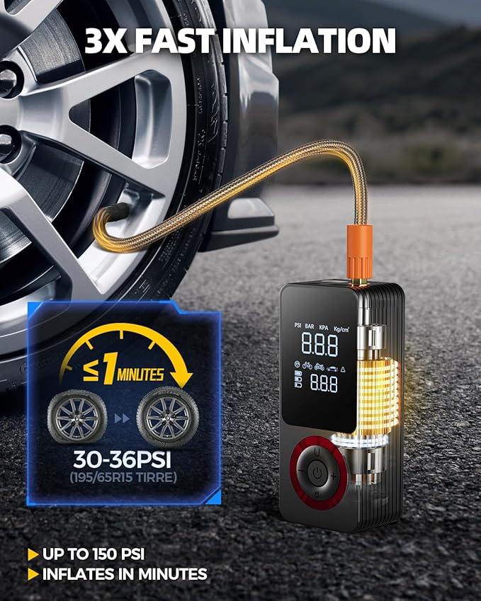Cordless Tire Inflator Portable Air Compressor, 150 PSI Air Pump with Rechargeable Battery, Tire Pressure Gauge, 12V Car Power Adapter, Smart Air Pump for Car, Motorcycle, Bike, Ball
