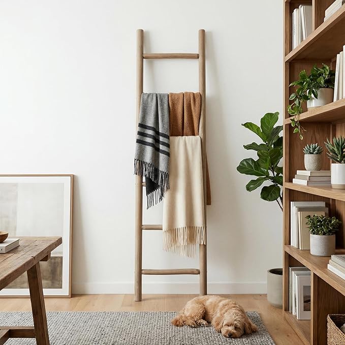 Wooden Blanket Ladder - 76in Natural Wood Color- Leaning Wall Decor for Bedroom, Bathroom, Living Room - Rustic Quilt Holder 