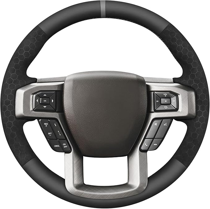MEWANT Hand Stitch Real Leather Hive Embossed Athsuede Steering Wheel Cover for Ford F150 F250 F350 Expedition 2018-2021