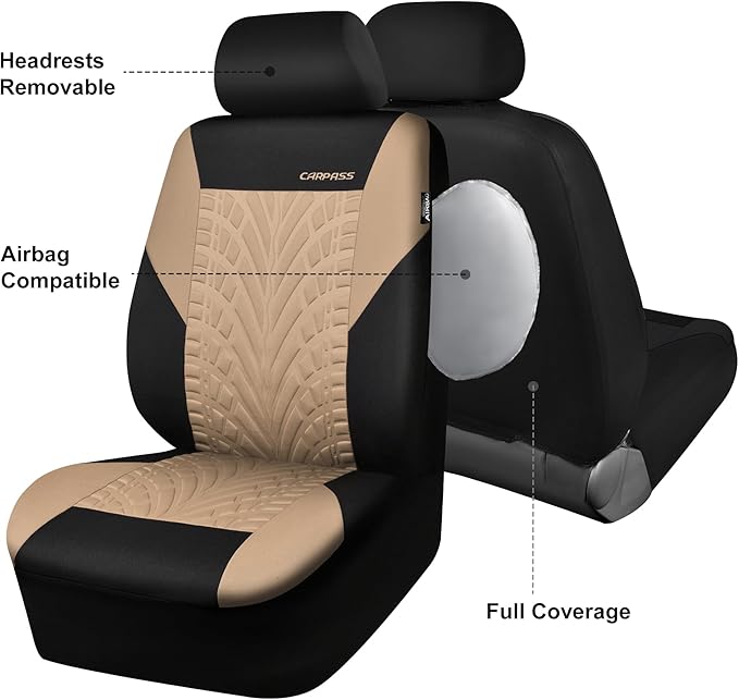 CAR PASS Car Seat Covers Two Front Only for Car, 3D Tyre Print Automotive Interior Covers, Airbag Compatible, Quick Setup Uni