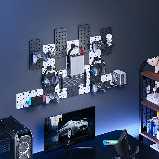 PEGZONE Controller and Headphone Holder Wall Mount, Modular Gaming Pegboard with Accessories, Controller Stand for Xbox PS5 P