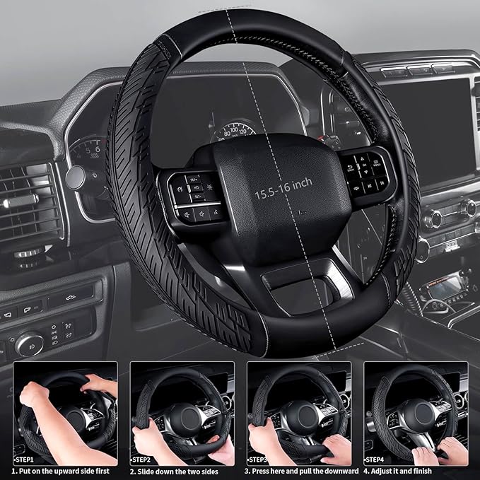 CAR PASS Leather Rubber Steering Wheel Cover Combo Set Universal Fit for Truck SUV Car Ram F150 Tundra 4Runner Tacoma Mobile Phone Holder Anti-Slip Heavy Duty Tire Tread Large-Size 15.5"-16" Black