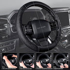 CAR PASS Leather Rubber Steering Wheel Cover Combo Set Universal Fit for Truck SUV Car Ram F150 Tundra 4Runner Tacoma Mobile Phone Holder Anti-Slip Heavy Duty Tire Tread Large-Size 15.5"-16" Black