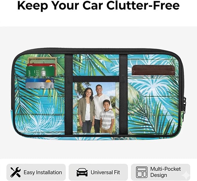 Cute Print Car Sun Visor Organizer Multi-Pocket Visor Storage Pouch Sunglasses Holder Sunvisor Storage Bag with Zipper Pockets,Adjustable Straps,Sea Turtle