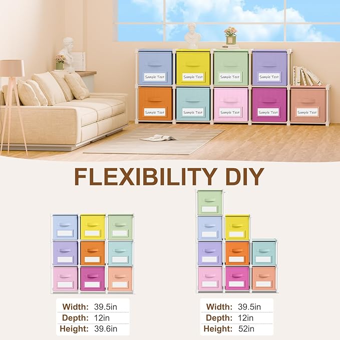 Geelin 9 Cube Toy Storage Organizer with Fabric Bins and Labels, 11 Inch Collapsible Colorful Cubby Storage Drawers Pastel Dr