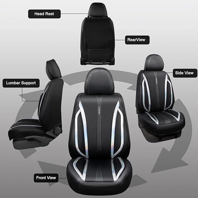 CAR PASS Nappa Leather Holographic Laser Car Seat Covers Front Seats Only Cushioned, Waterproof Waist Protector Universal fit