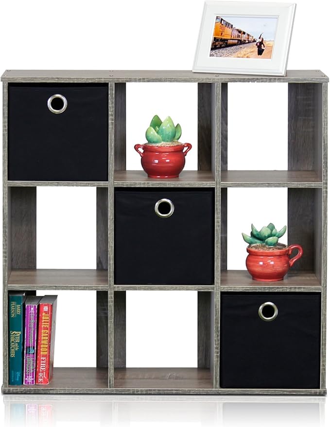 Furinno Simplistic 9-Cube Organizer with Bins, Small Size (Assembled unit dimensions : 7.9"D x 26.5"W x 26.7"H inches), Frenc