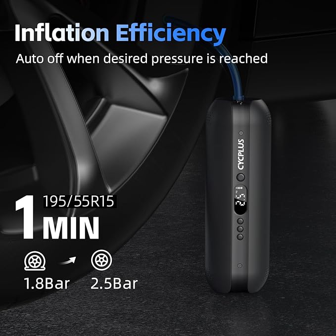 CYCPLUS Tire Inflator Portable Air Compressor - 150PSI Cordless Air Pump with Digital Tire Pressure Gauge, Accurate LCD Display & LED Light, DC/AC 2-in-1 for Car/Motorcycle/E-Bike/Ball(2025 Version)