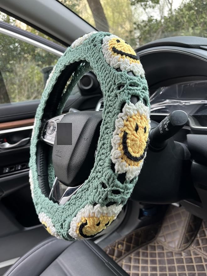 Handmade Crochet Sun Smiling face Car Steering Wheel Covers Universal 14-15 inch,Cute Steering Wheel Cover,Car Accessories (Sun Steering Wheel Cover)
