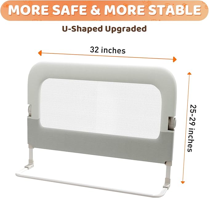 omzer Bed Guard Rail for Toddlers - 32inch Folding up & Adjustable Heights Baby Bed Safety Rails - Portable Toddler Bed Barri
