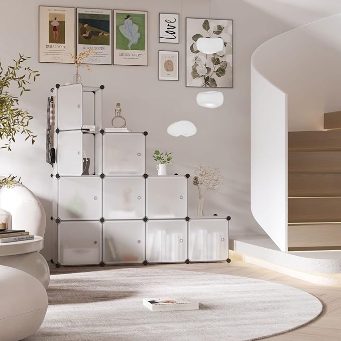 C&AHOME Cube Storage Organizer with Doors, 12-Cube Shelves, Closet Cabinet, DIY Plastic Modular Bookshelf Ideal for Bedroom, 