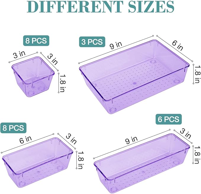 StorMiracle 25 PCS Drawer Organizer Set, 4 Varied Size Bathroom and kitchen Drawer cabinet organizer Trays, Clear Storage Bin