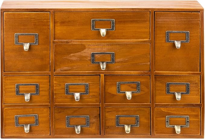 12-Drawer Apothecary Cabinet - Index Card Organizer - Vintage Chest of Drawers - Mahogany Wooden Organizer - Office Desktop D