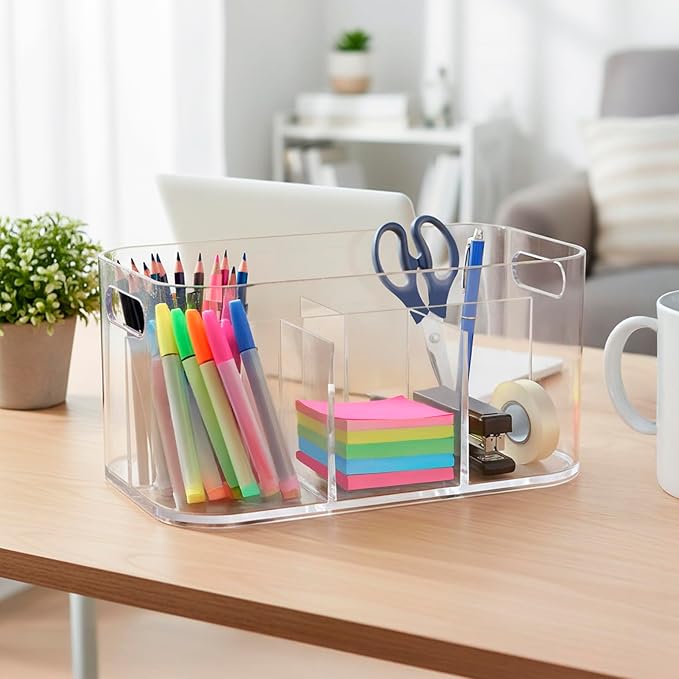STORi Bliss 5-Compartment Plastic Cosmetics Storage Organizer | Clear | Rectangular Divided Makeup Bin & Vanity Caddy with Pa