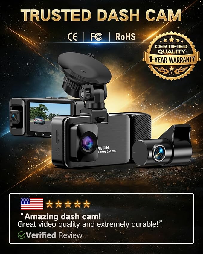 4K Dash Cam Front and Rear Inside, 3-Channel Cars Camera Dash with 170° Wide Angle, Free 64GB SD Card, 5.8GHz WiFi, Night Vis