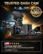 4K Dash Cam Front and Rear Inside, 3-Channel Cars Camera Dash with 170° Wide Angle, Free 64GB SD Card, 5.8GHz WiFi, Night Vis
