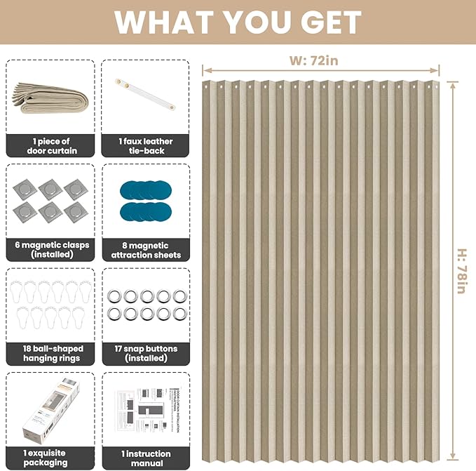 Jilron Accordian Door Curtain, 100% Blackout Folding Magnetic Doorway Curtains,Linen Style Closet Doors,for Room Divider,Priv