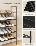 SONGMICS 5-Tier Shoe Rack, Shoe Storage for Hallway Closet, Slim and Space-Saving, Metal Frame, Non-Woven Fabric Shelves, Bla