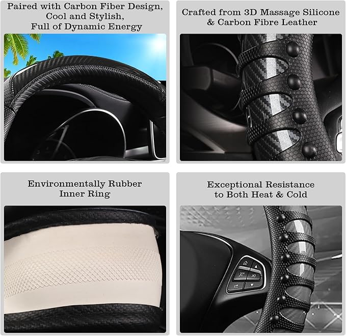 Car Leather Steering Wheel Cover - Carbon Fibre Material, Universal 14.5-15 Inch Leather Anti-Slip Breathable Auto Steering W
