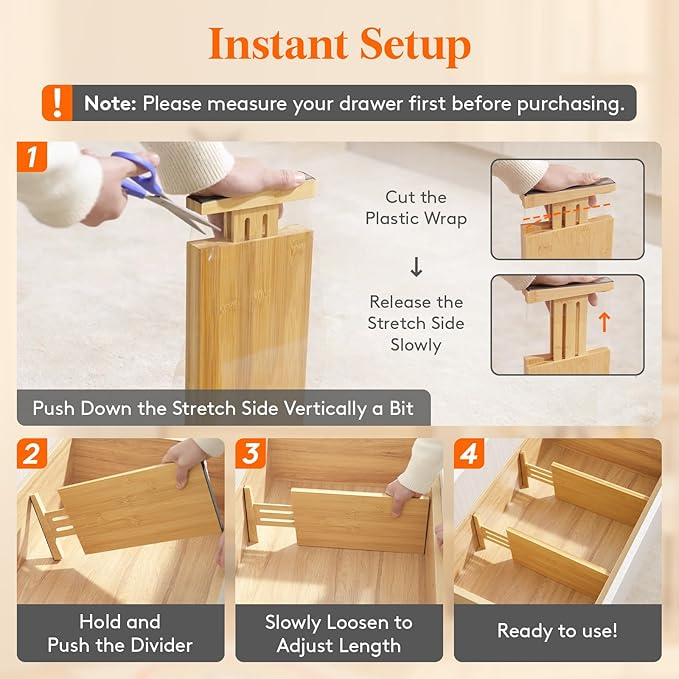 Lifewit 6" High 6 Pack Bamboo Drawer Dividers 33-42cm/13-16.5" Adjustable Wooden Drawer Organizer for Clothes/Utensils, Expan
