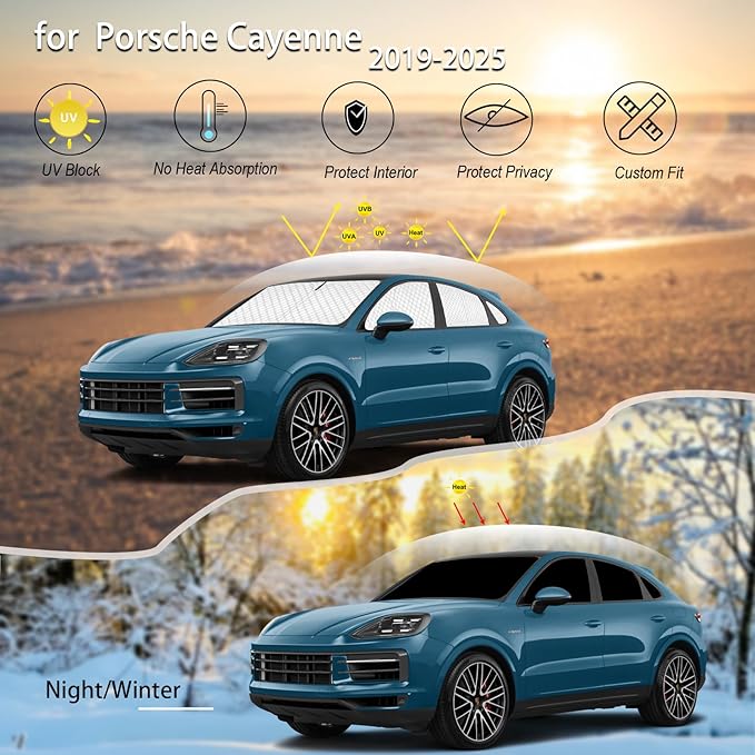 KMF 8pcs Thicken Sun Shades for Porsche Cayenne 2019-2025 Accessories,Full Car Window Covers Sunshade for Windshield Side Rear, UV Block and Protect Privacy Blackout for Car Camping