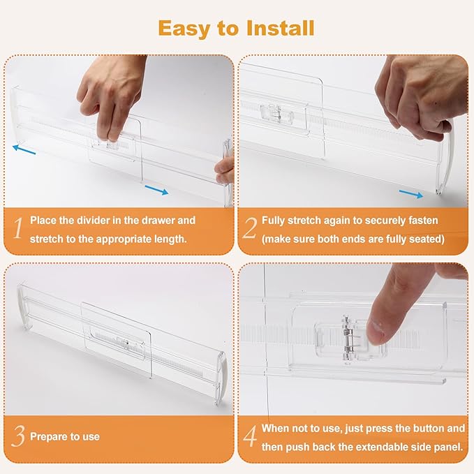 4 Pack Drawer Dividers for Clothes, 4" High 10.6"-16.9" Drawer Divider Adjustable Expandable Dresser Drawer Organizer, Clear 