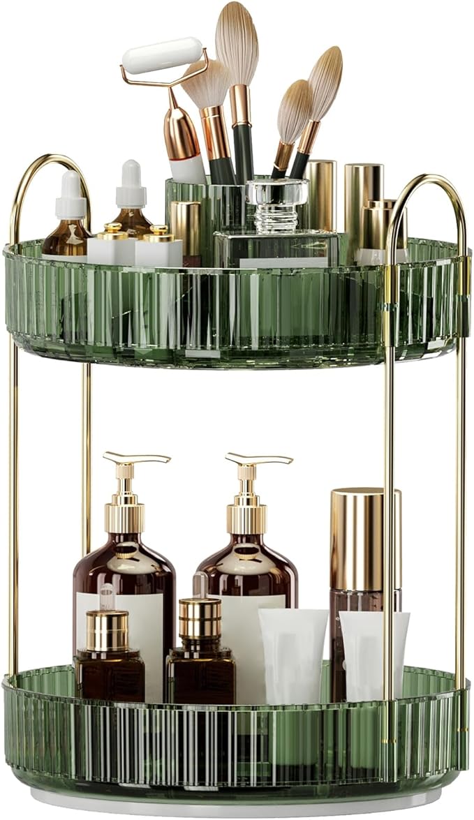 360° Rotating Makeup Organizer, Large-Capacity Skincare Make Up Storage 2 Tier Perfume Organizers Cosmetic Dresser Organizer 