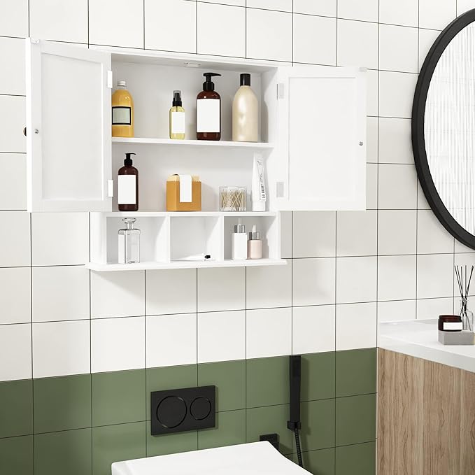 ChooChoo Bathroom Cabinet Wall Mounted 2-Door with 3 Open Shelves, Wooden Medicine Cabinets with Adjustable Shelf, Space Save