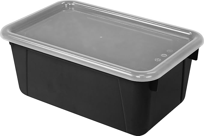 Storex Small Cubby Bins – Plastic Storage Containers for Classroom with Non-Snap Lid, 12.2 x 7.8 x 5.1 inches, Black, 5-Pack 