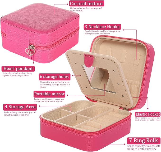 KElofoN Jewelry Case and Box - Small Travel Jewelry Organizer for Girls & Women with Mirror (Rosy-5)