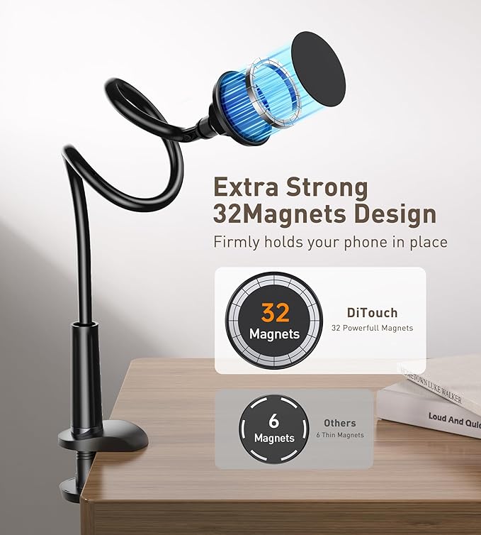 Magnetic Gooseneck Phone Holder Mount for iPhone 17/16/15/14/13/12 - Magnetic Stand Tabletop Clamp 360°Rotation Adjustable for Office/Home Compatible with iPhone 17 16 15 14 13 12 Mini Plus Pro Max