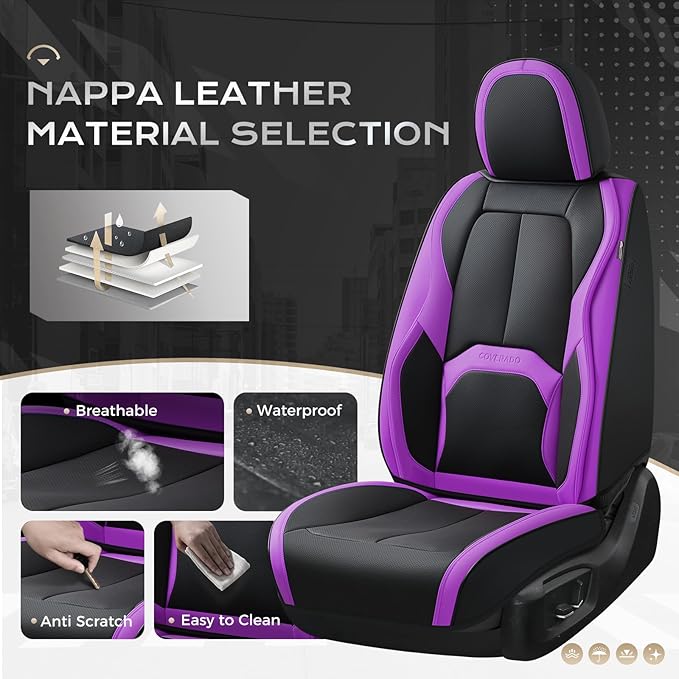 Coverado Car Seat Covers Full Set, Waterproof Nappa Leather Seat Covers for Car, Car Seat Protector with Lumbar Support, Auto