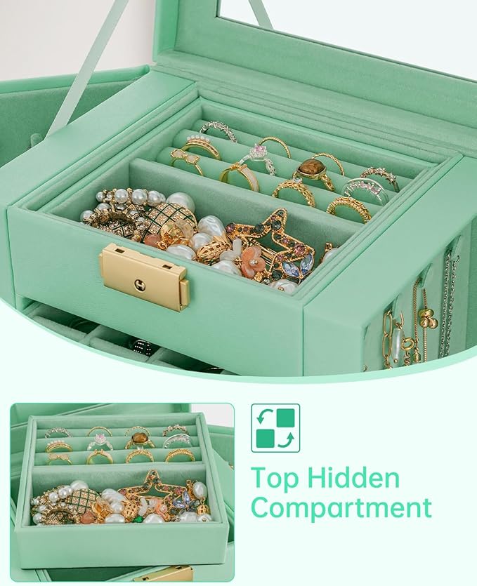 AKOZLIN 4-Tier Jewelry Box Leather Jewelry Storage Organizer with 3 Drawers Lockable for Women Girls Ring Necklace Earring Br