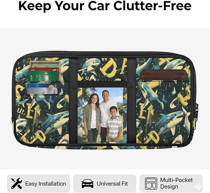 Shark Zippered Small Car Sun Visor Organizer with Adjustable Straps and Multi-Pocket Velcro Storage Pouch Car with Picture Holder Easy Installation Universal Fit for Most Cars SUV