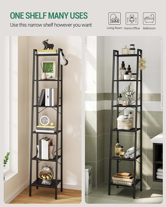 Hzuaneri Ladder Shelf, Bookshelf Bookcase, Freestanding Corner Storage Shelve with 2 Hooks for Home Office, Living Room, Kitc