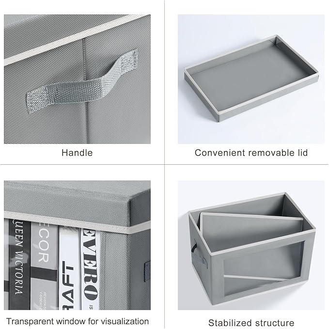 Homsorout Decorative Bins with Lids - Stackable Cube Bins for Closet, 3 Pack Clear Windows Fabric Organizer Bins, Home Organi