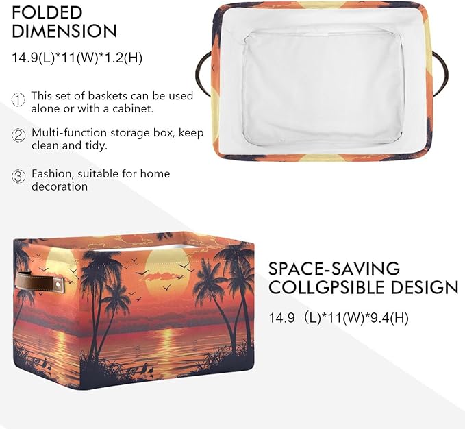 xigua Summer Palm Trees Storage Basket Collapsible Storage Bins Waterproof Canvas Storage Basket with Leather Handles for Hom