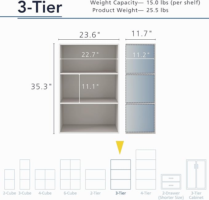 Homes: Inside + Out Apexa 3-Tier Cube Storage Organizer Shelves, Stackable Wood Bookcase Fits Cubby Bins for Organization, Do