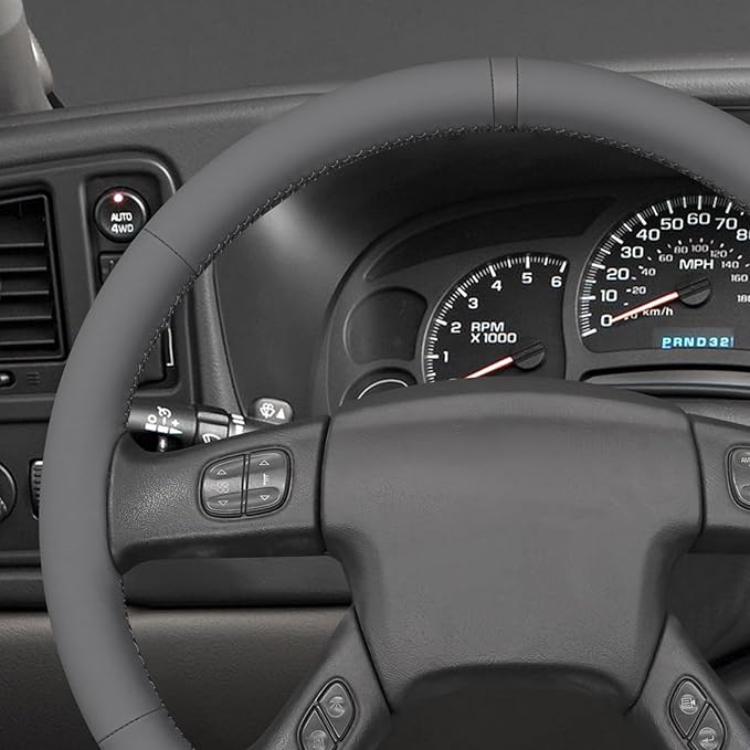 MEWANT Hand Stitched Steering Wheel Cover for Chevy Silverado 1500 2003-2006 DIY Gray Faux Leather Steering Wheel Wrap