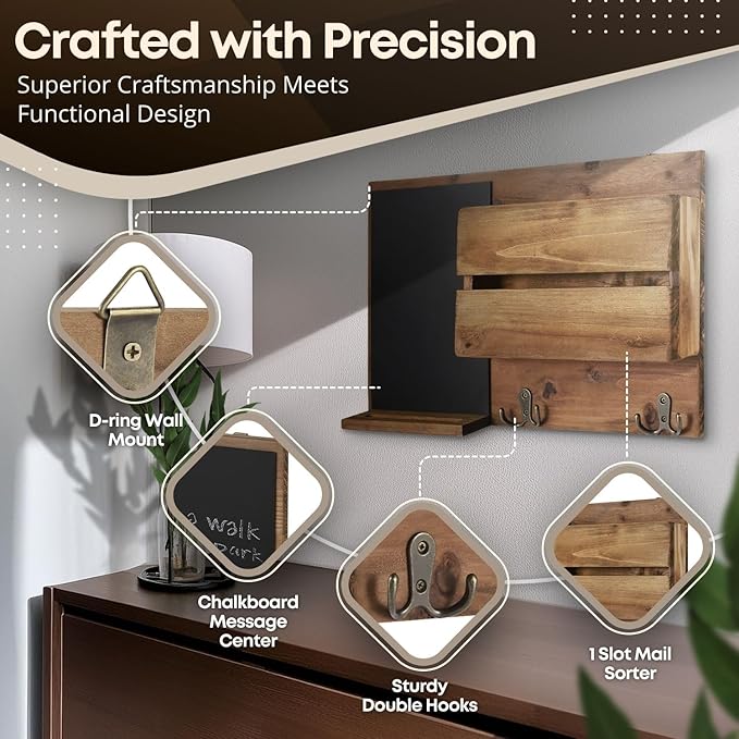 Flexzion Rustic Wood Entryway Mail Sorter Holder, Wall Mount Mudroom Storage Organizer with Blackboard Chalkboard Memo Board 