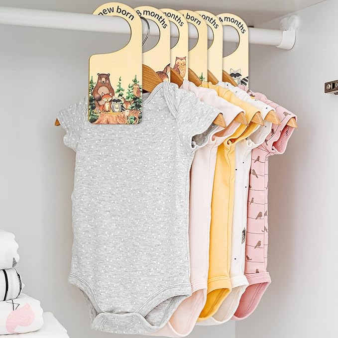Whaline 8 Pcs Baby Closet Size Dividers Woodland Design Hanging Wooden Baby Closet Organizer Newborn to 24 Months Thicken Bab
