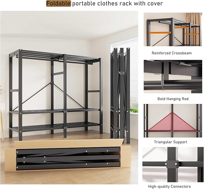 Heavy Duty Portable Wardrobe, Metal Foldable Covered Clothes Rack, 1500LBS, Freestanding Closet System Rolling Garment Rack, 