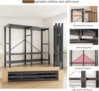 Heavy Duty Portable Wardrobe, Metal Foldable Covered Clothes Rack, 1500LBS, Freestanding Closet System Rolling Garment Rack, 
